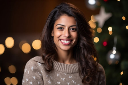 Portrait of a beautiful young woman with christmas tree in the backgroundの素材