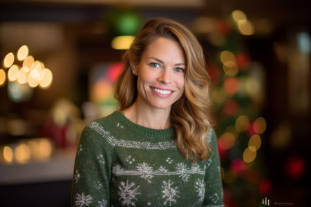 Portrait of smiling woman in christmas decorations at home in the living roomの素材