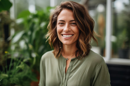 Portrait of a beautiful young woman smiling at camera while standing indoorsの素材