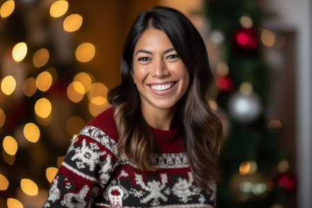 Portrait of a beautiful woman smiling at camera in christmas decorationsの素材