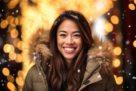 Beautiful young asian woman in winter clothes on a background of Christmas lightsの素材