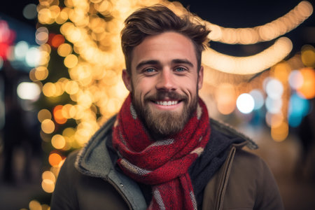 Portrait of a handsome young man with a beard and a red scarf on the background of Christmas lightsの素材