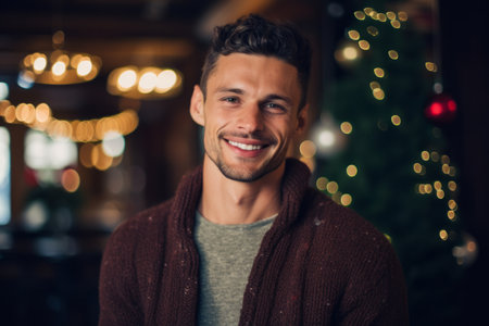 Portrait of a handsome young man smiling and looking at camera in a cafeの素材
