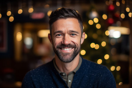 Portrait of handsome man smiling at camera at bar counter in pubの素材