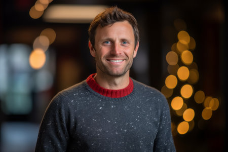 Portrait of a handsome young man in a sweater smiling at the cameraの素材