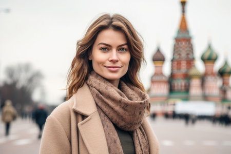 Portrait of a young beautiful woman in a coat on the background of the Moscow Kremlin.の素材