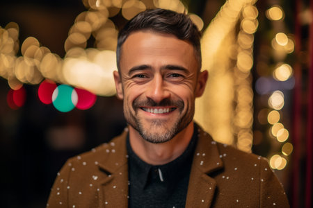 smiling handsome man in brown coat on christmas lights bokeh backgroundの素材