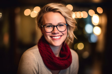 Portrait of a beautiful young woman wearing glasses and a red scarfの素材