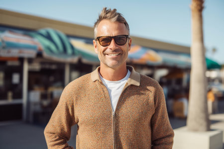 Portrait of handsome young man in sunglasses smiling at camera while standing outdoorsの素材