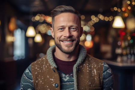 Portrait of a handsome man smiling at camera while standing in a pubの素材