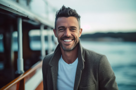 Portrait of handsome man smiling at camera while standingof shipの素材