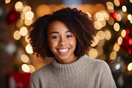 happy african american woman in sweater over christmas lights backgroundの素材