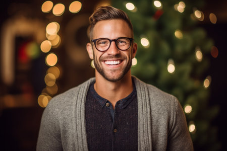 Portrait of a handsome young man with glasses on the background of a Christmas tree.の素材
