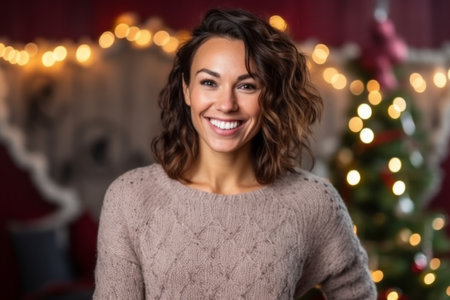 Portrait of smiling young woman with christmas tree in background at homeの素材