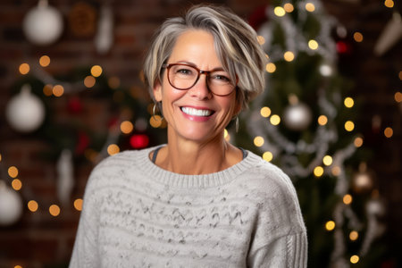 Portrait of a beautiful middle-aged woman with glasses against the background of a Christmas tree.の素材
