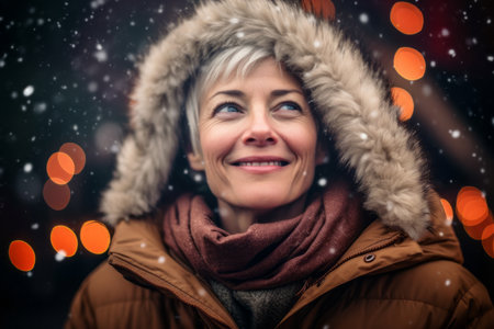 Portrait of a beautiful middle-aged woman in a winter coat and scarf on a background of Christmas lights.の素材
