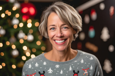 Portrait of smiling senior woman standing in front of christmas treeの素材