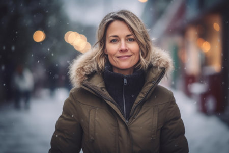 Portrait of a beautiful middle-aged woman on a background of a winter cityの素材