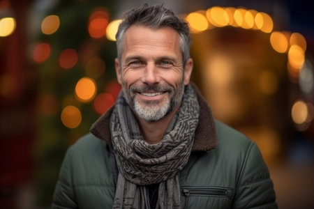 Portrait of a handsome middle-aged man with a gray beard and mustache on the background of a Christmas marketの素材