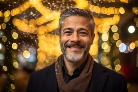 Portrait of a handsome middle-aged man with a gray beard and mustache on a background of Christmas lights.の素材