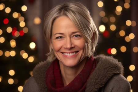 Portrait of smiling middle-aged woman in front of christmas treeの素材