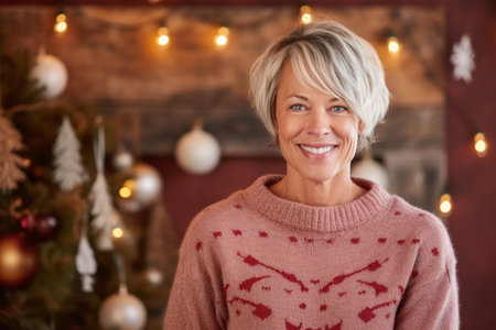 Portrait of smiling mature woman standing in front of christmas treeの素材