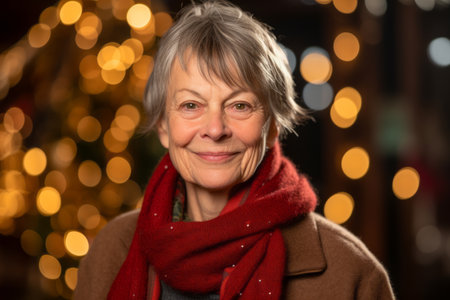 Portrait of a beautiful senior woman on christmas background with lightsの素材