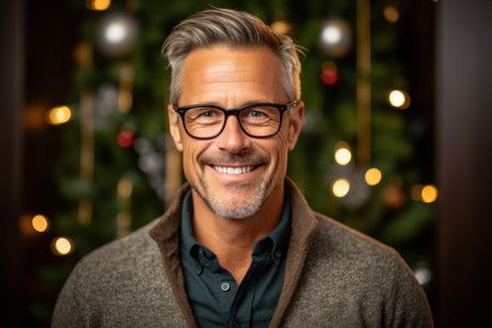 Portrait of a handsome middle-aged man in glasses on a background of a Christmas treeの素材