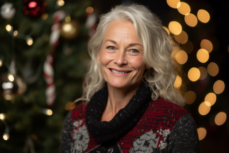Portrait of a beautiful senior woman on christmas background with lightsの素材