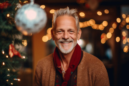 Portrait of happy senior man with Christmas tree in background at homeの素材