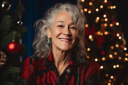 Portrait of a happy senior woman with Christmas tree in the backgroundの素材