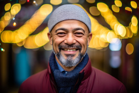 Portrait of a handsome middle-aged man with a beard in a hat and scarf on a background of Christmas lightsの素材