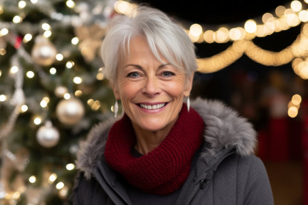 Portrait of smiling senior woman at christmas market in evening timeの素材