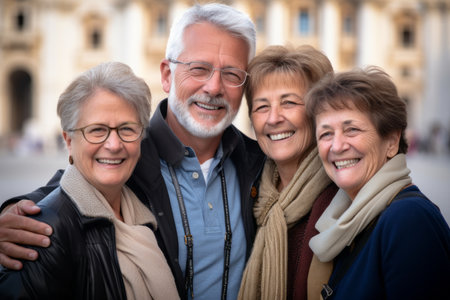 Portrait of happy senior couple and their family standing in the streetの素材