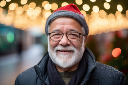 Portrait of a senior man wearing a Santa Claus hat in the cityの素材