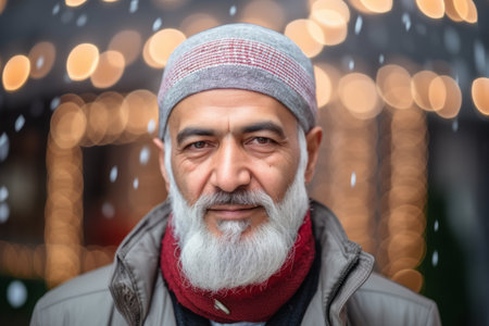 Portrait of a bearded hipster man with a gray beard on a background of bokeh lightsの素材