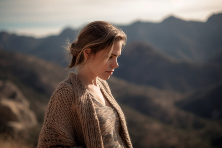 Beautiful young woman in a knitted sweater standing on the top of a mountain and looking into the distanceの素材