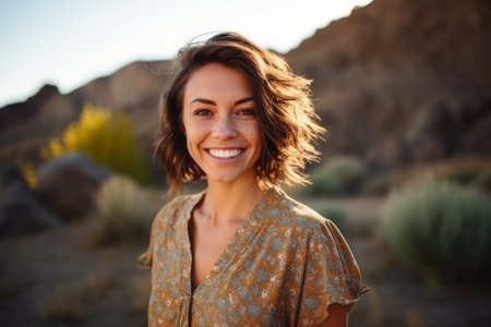 Portrait of a beautiful young woman smiling in the desert at sunsetの素材