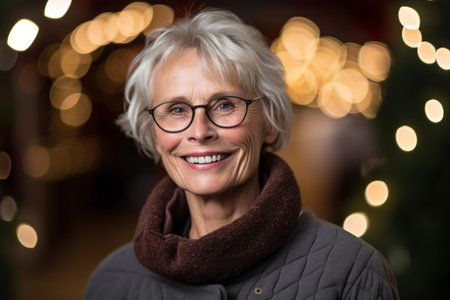 Portrait of smiling senior woman with glasses against blurred christmas lightsの素材