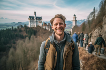Handsome young man with a backpack on the background of the famous castle of Bled in Sloveniaの素材