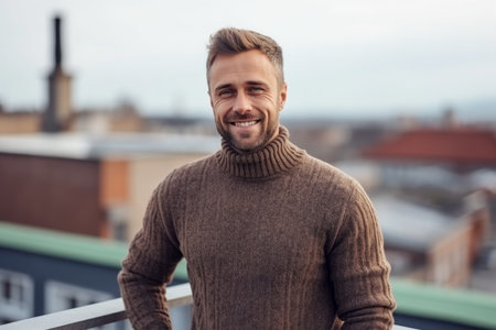Portrait of a handsome young man in a brown sweater on the roof of a buildingの素材
