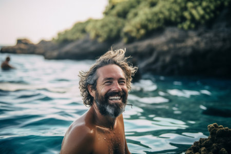 Portrait of a handsome young man smiling in the sea on the beachの素材