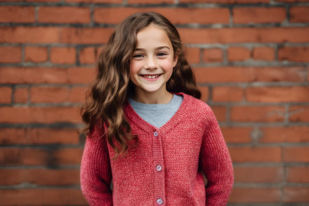 Portrait of a smiling little girl on a brick wall background.の素材