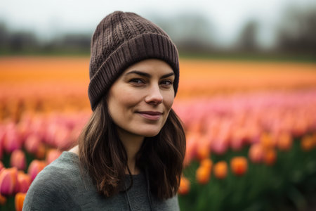 Portrait of a beautiful young woman in an orange tulip fieldの素材