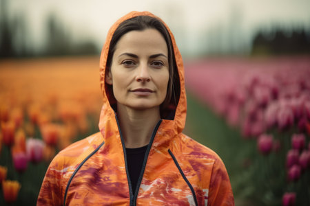 Portrait of a young woman in a field of tulips.の素材
