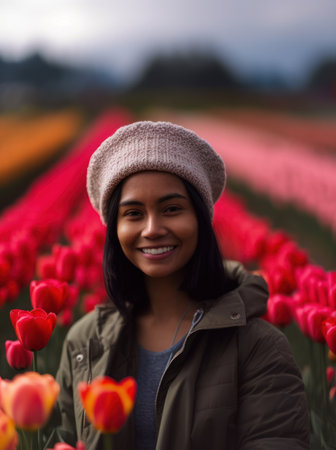 Young woman standing in a tulip field smiling at the camera.の素材