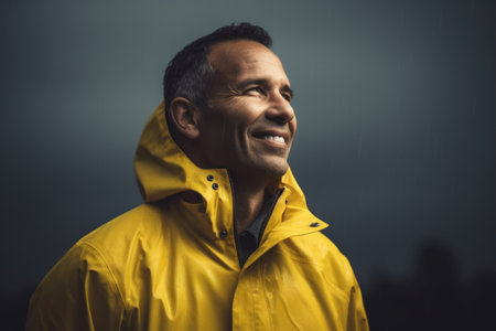 Portrait of a middle-aged man in a yellow raincoat.の素材