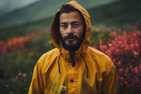 Handsome bearded man in yellow raincoat standing in blooming meadow on rainy dayの素材