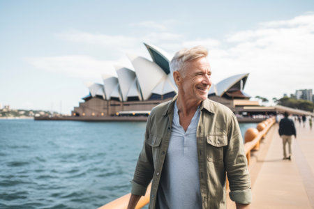 Portrait of smiling senior man standing in front of Sydney Opera Houseの素材