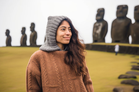 Portrait of a smiling young woman in front of stone statues at Easter Islandの素材